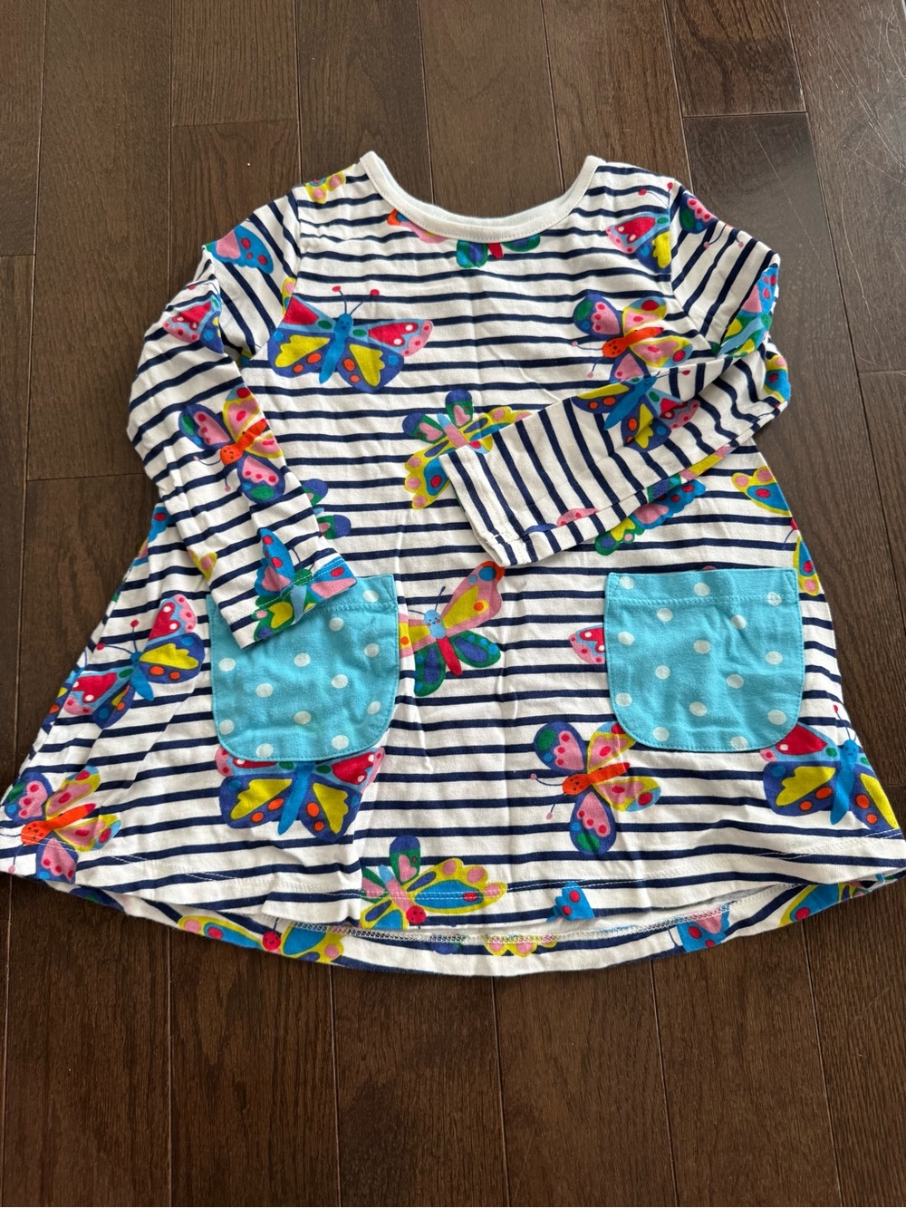 Mini Boden Girls' White & Navy Striped Butterfly Pocket Tunic